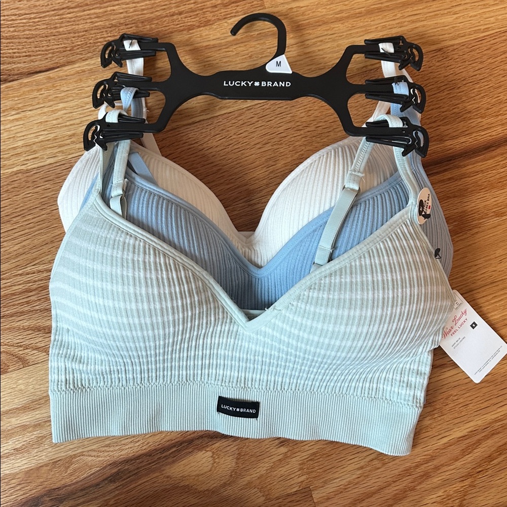 Lucky Brand Bralette Set (3) in light blue, cream and light sage green M